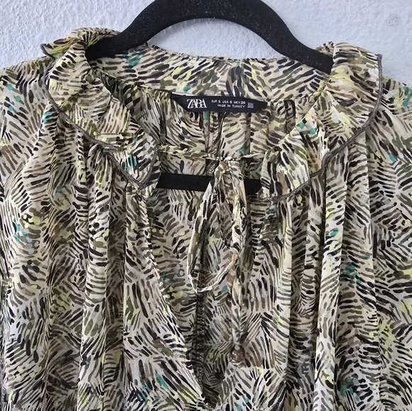 Zara Woman Blouse Sz S Tie Front Ruffles Sheer Flare Sleeves Tassel Flowy - Picture 8 of 11